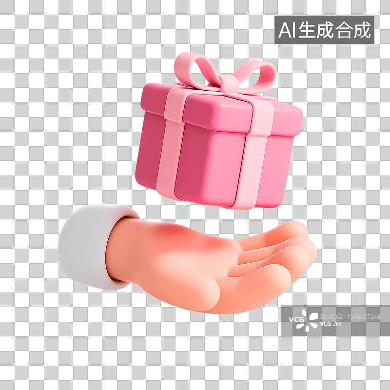 【AI数字艺术】3D卡通手掌托举粉色礼盒图标图片素材