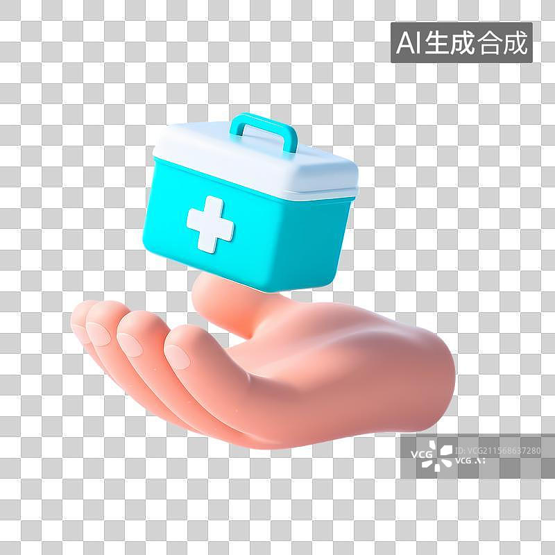 【AI数字艺术】3D卡通手掌托举急救箱图标图片素材