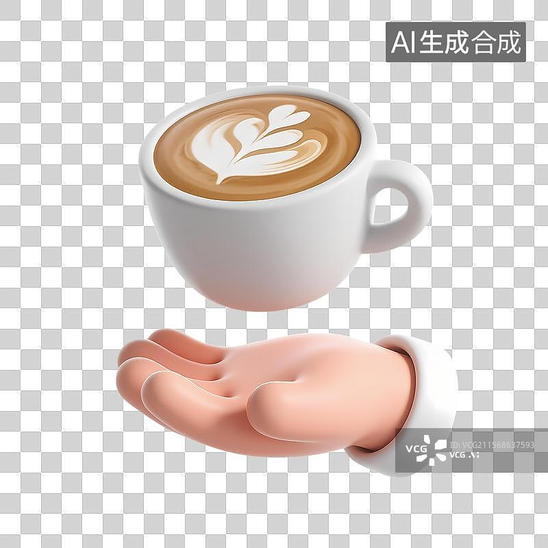 【AI数字艺术】3D卡通手掌托举咖啡拉花杯图标图片素材
