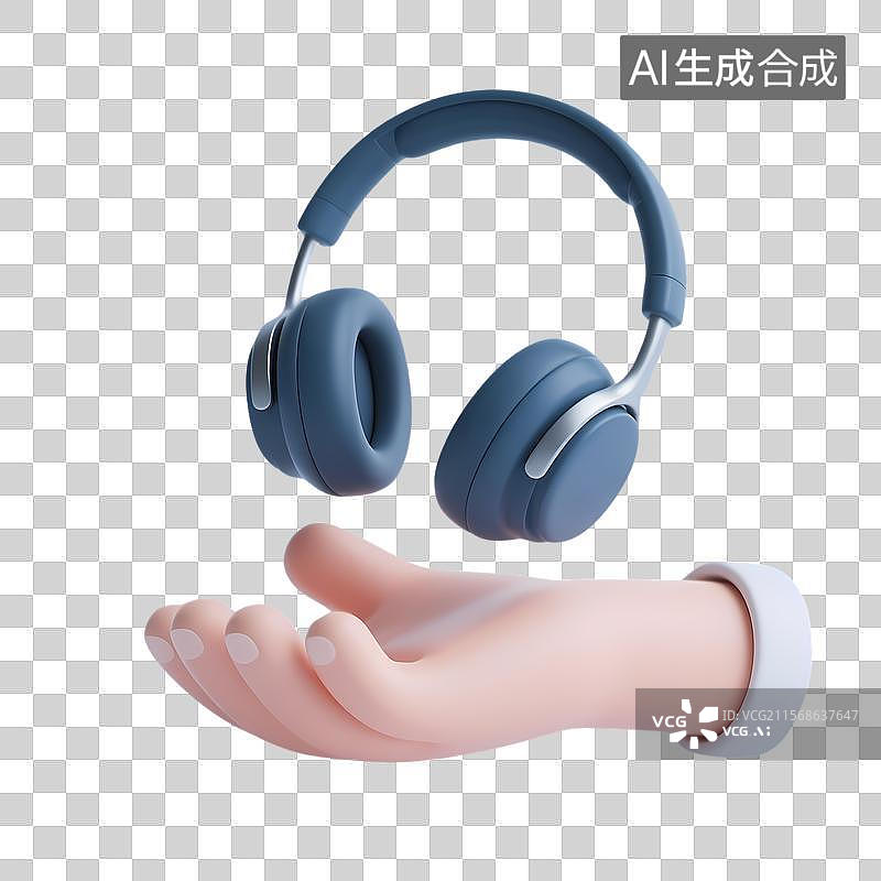 【AI数字艺术】3D卡通手掌托举蓝色耳机图标图片素材