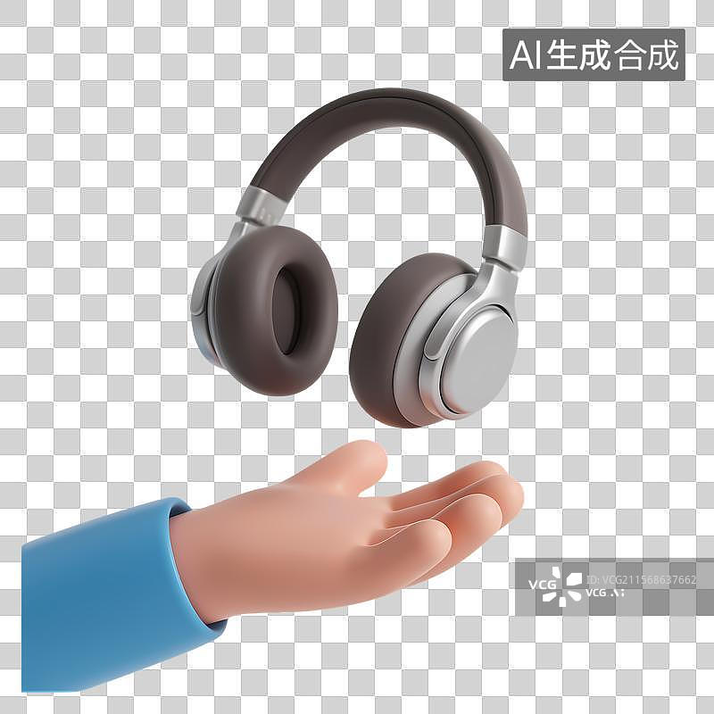【AI数字艺术】3D卡通手掌托举蓝色耳机图标图片素材