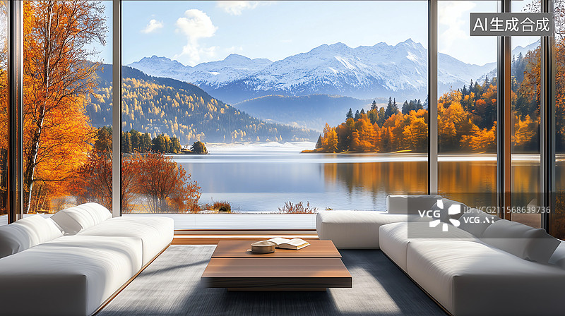 【AI数字艺术】湖边带落地窗的别墅客厅图片素材