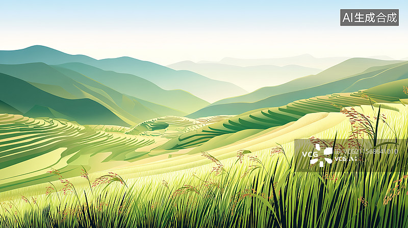 【AI数字艺术】乡村清晨梯田田园风光插画图片素材