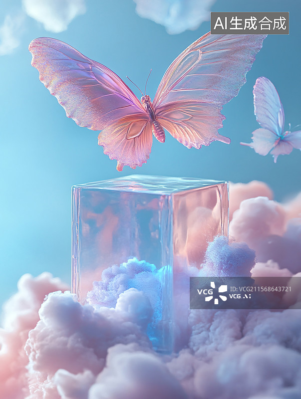 【AI数字艺术】梦幻云端蝴蝶与晶块图片素材