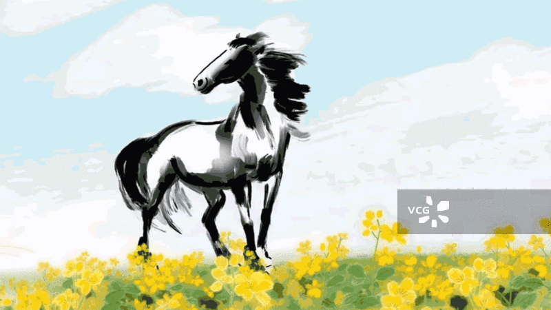 水墨 动画 中国风 手绘 动物 马 骑马 奔马 骏马 马年 生肖 草原图片素材