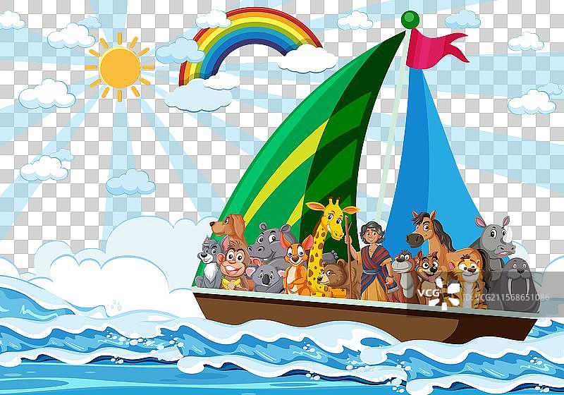 动物们在船上，背景有彩虹和阳光图片素材