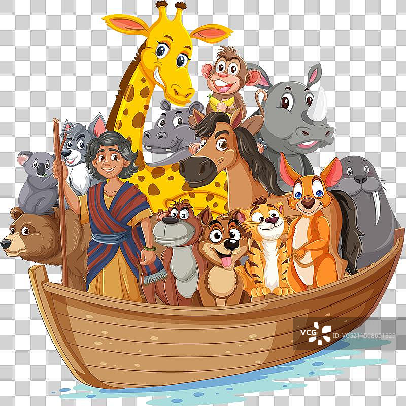 一群动物和一个人在船上图片素材