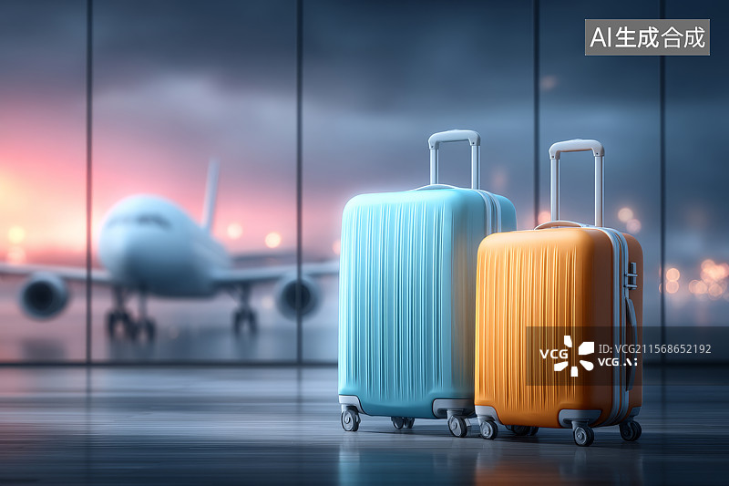 【AI数字艺术】机场候机室内行李箱旅行箱图片素材