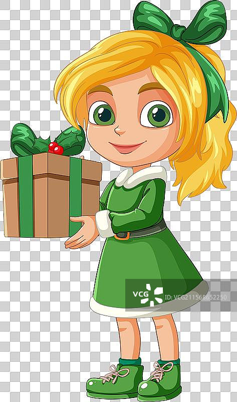 穿着绿色裙子的金发女孩手捧礼物图片素材