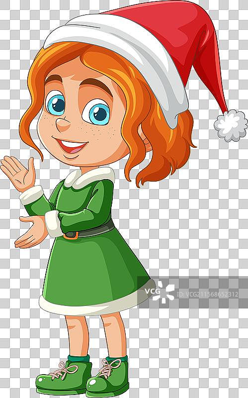穿着绿色裙子和圣诞老人帽子的微笑女孩图片素材