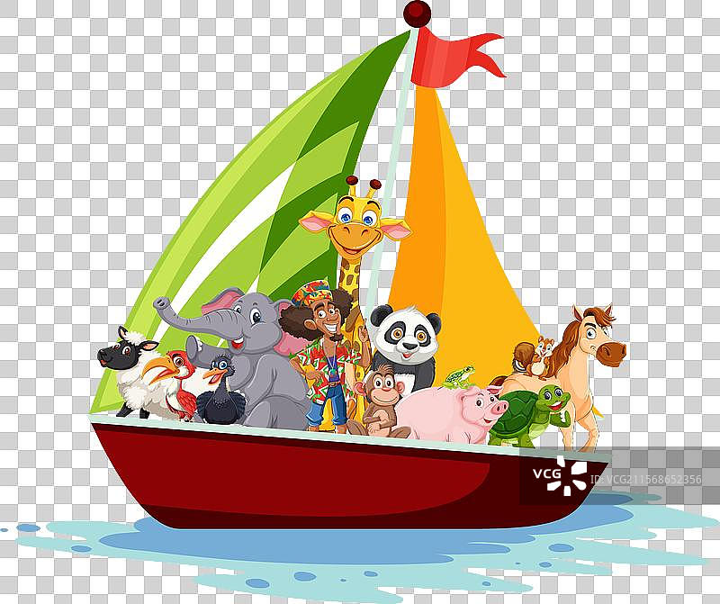 各种动物在色彩斑斓的帆船上图片素材