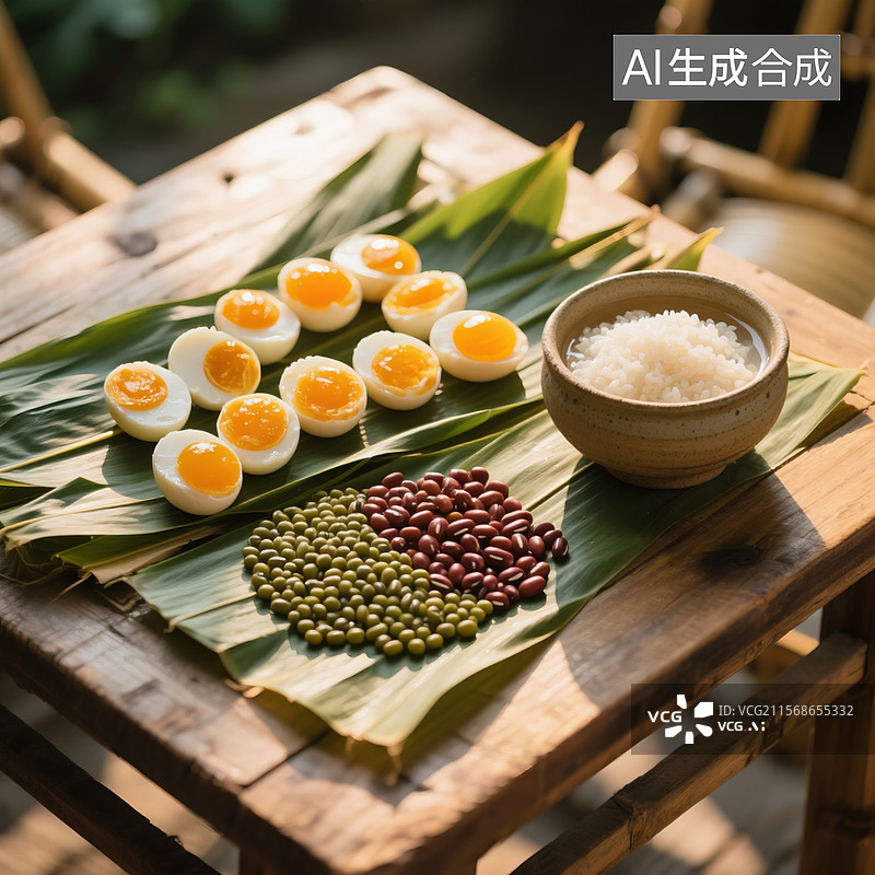 【AI数字艺术】俯拍视角的农家方桌，新鲜芦苇叶交错铺陈，金黄油亮的咸蛋黄整齐排列，红豆绿豆形成色彩对比，粗陶碗里泡着图片素材