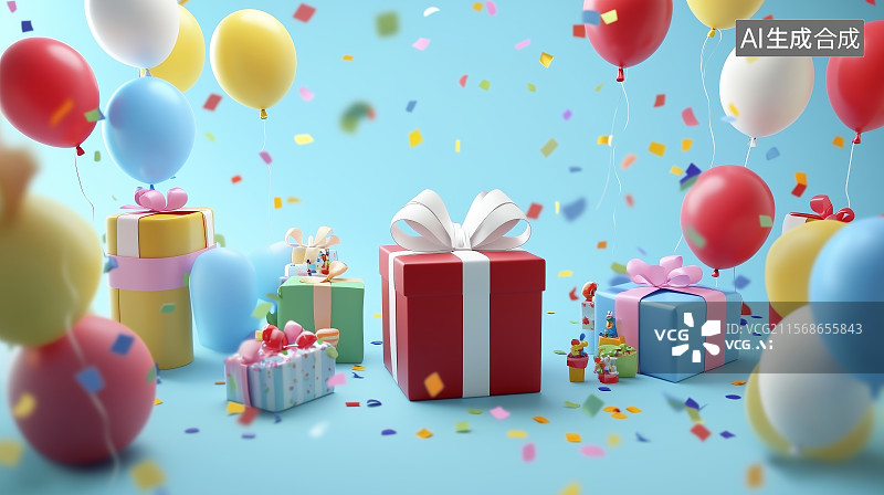 【AI数字艺术】彩色背景下的彩色气球和礼物盒子图片素材