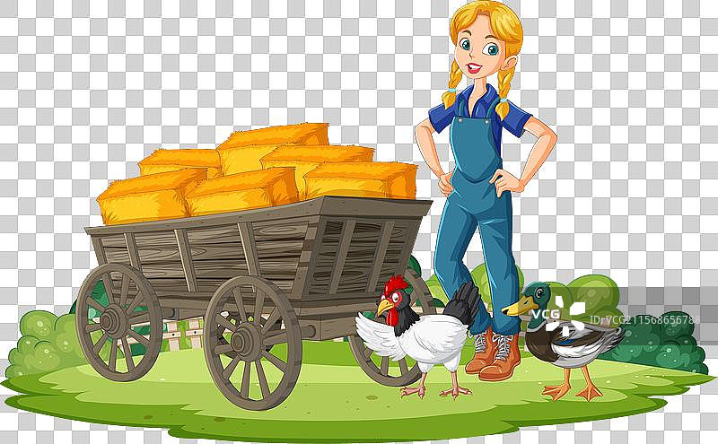 女孩与干草车、鸡和鸭子图片素材