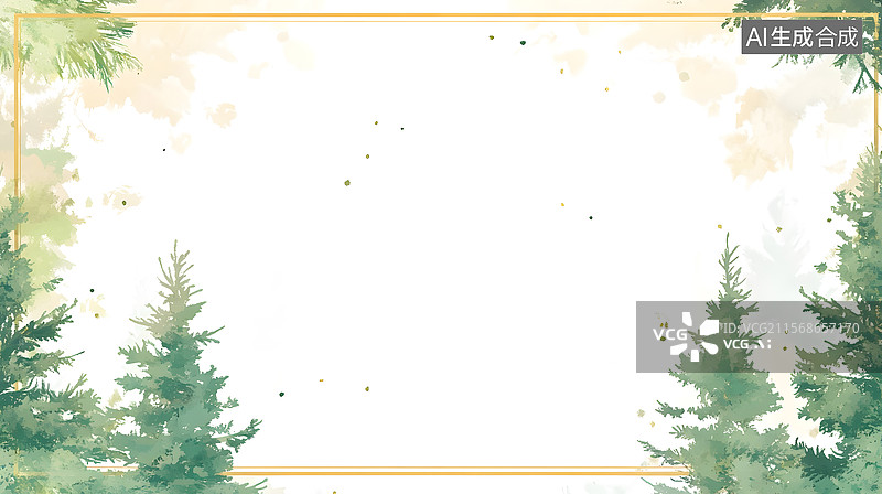 【AI数字艺术】水彩松树边框白底金边装饰画​图片素材