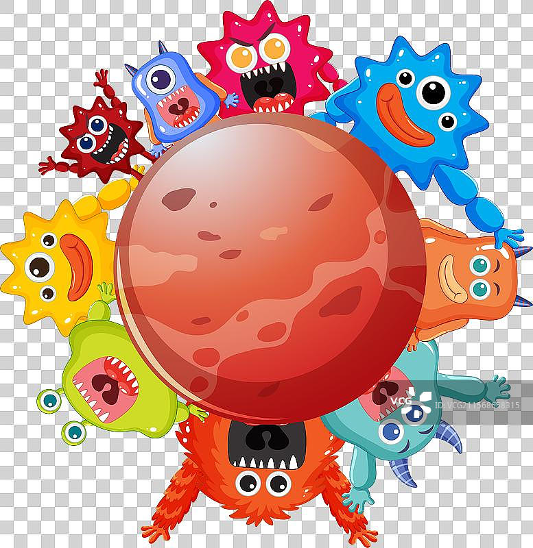 可爱的怪物环绕着一颗红色行星图片素材