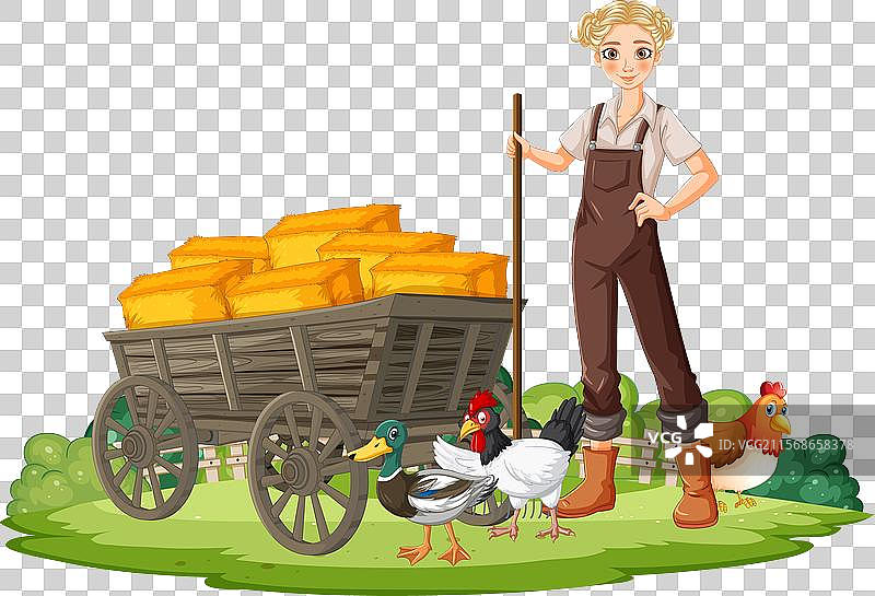 农民站在装有鸭子和鸡的手推车旁图片素材