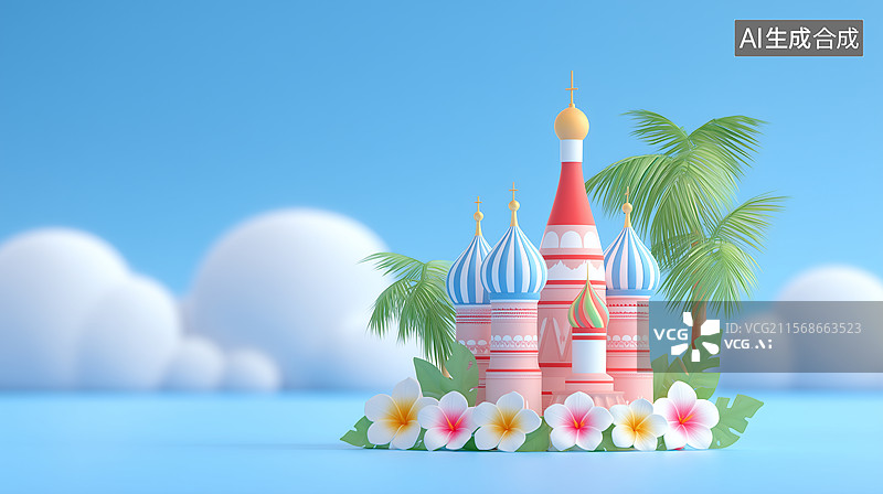 【AI数字艺术】3D卡通风格建筑与热带景观图片素材