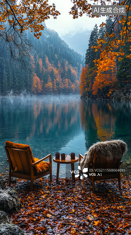 【AI数字艺术】湖畔秋景中的户外休息区图片素材