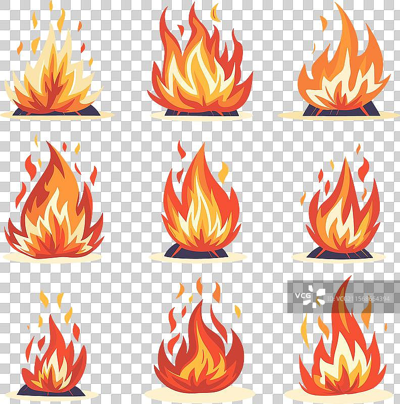 九种不同的卡通火焰设计，风格各异图片素材