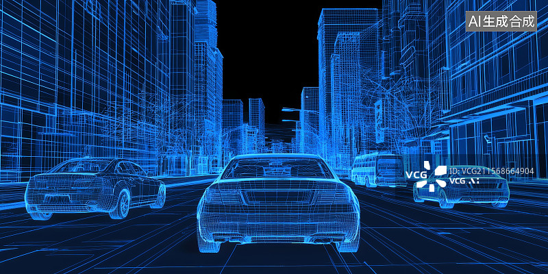 【AI数字艺术】蓝色线框汽车与智能城市道路图片素材