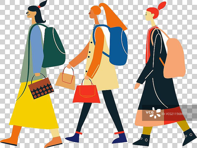 三位女性并肩走，其中一位穿着绿色外套。图片素材