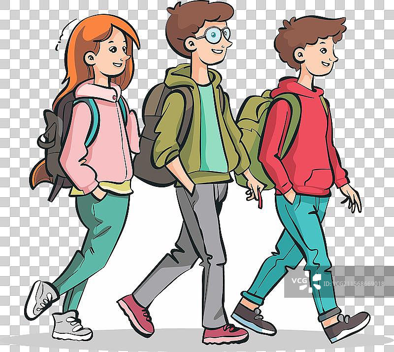 三个青少年一起走着，手里提着东西图片素材
