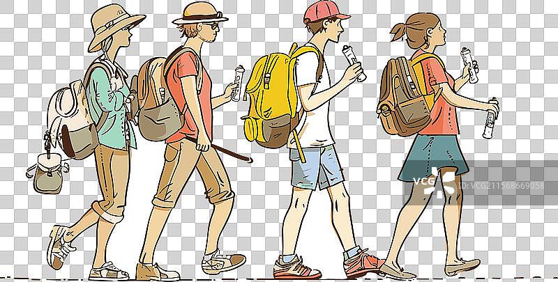 四名游客并肩走在一起，享受旅行。图片素材