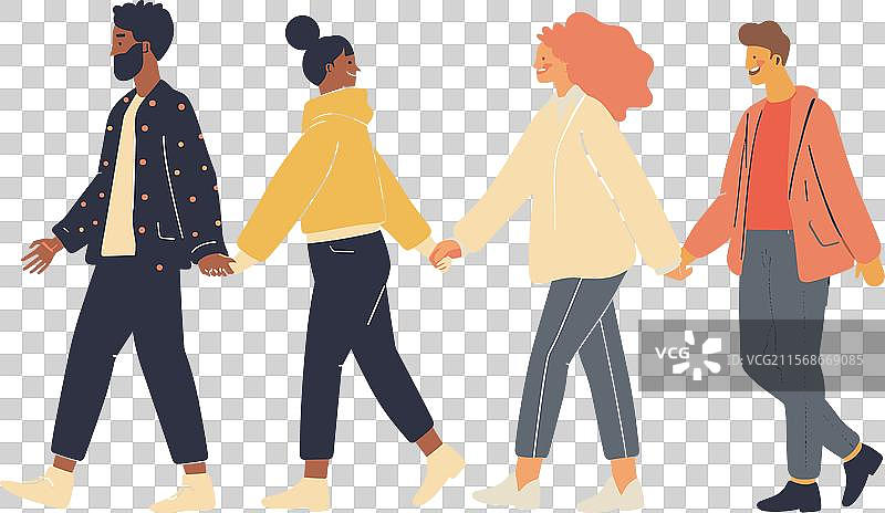 四个不同背景的朋友手牵手一起走路图片素材