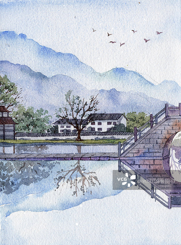 小桥流水插画图片素材