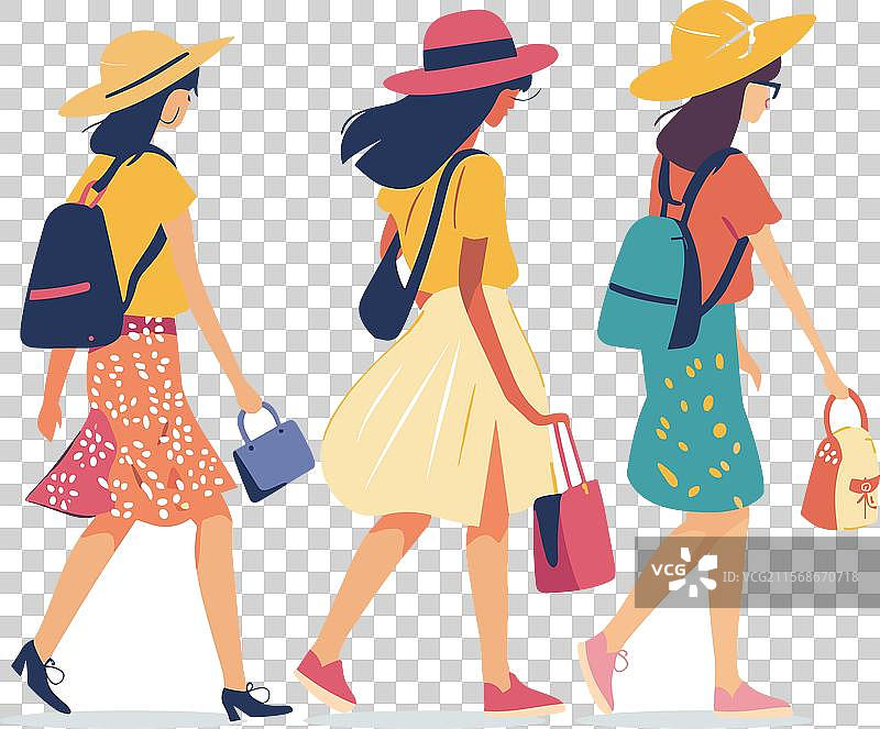 三位女性并肩走路，穿着时尚。图片素材