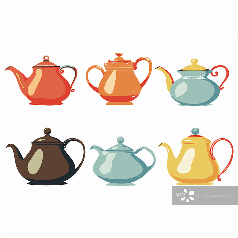 各种设计的彩色茶壶收藏图片素材