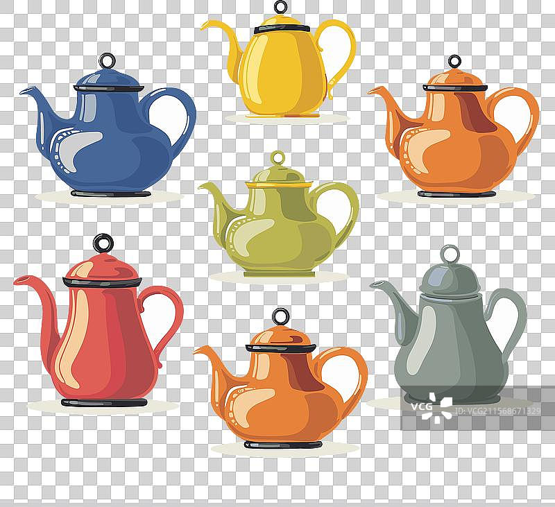 各种色彩缤纷的茶壶排列成行成列图片素材