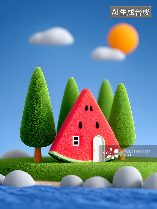 【AI数字艺术】夏至节气的西瓜屋三维插画图片素材