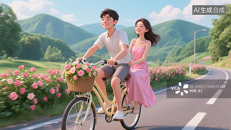 【AI数字艺术】3D，情侣，骑自行车，放风筝，插画图片素材