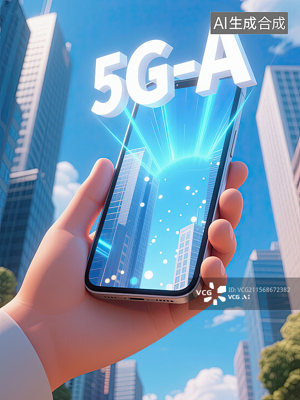 【AI数字艺术】智能手机，5G-A，人手，科技，插画图片素材