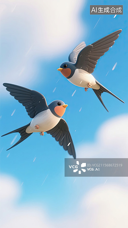 【AI数字艺术】两只燕子，可爱的，嬉戏，打闹，插画图片素材