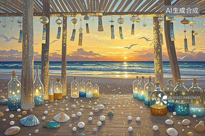 【AI数字艺术】海边日落瓶中灯图片素材