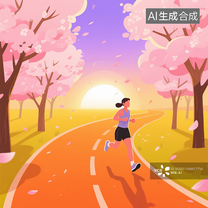 【AI数字艺术】扁平插画风格晨跑场景，橘色跑道蜿蜒穿过樱花树林，跑者动态姿势图片素材