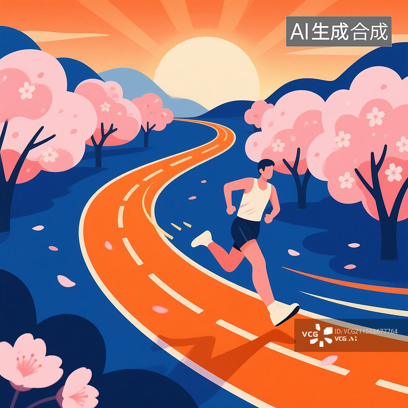 【AI数字艺术】扁平插画风格晨跑场景，橘色跑道蜿蜒穿过樱花树林，跑者动态姿势图片素材
