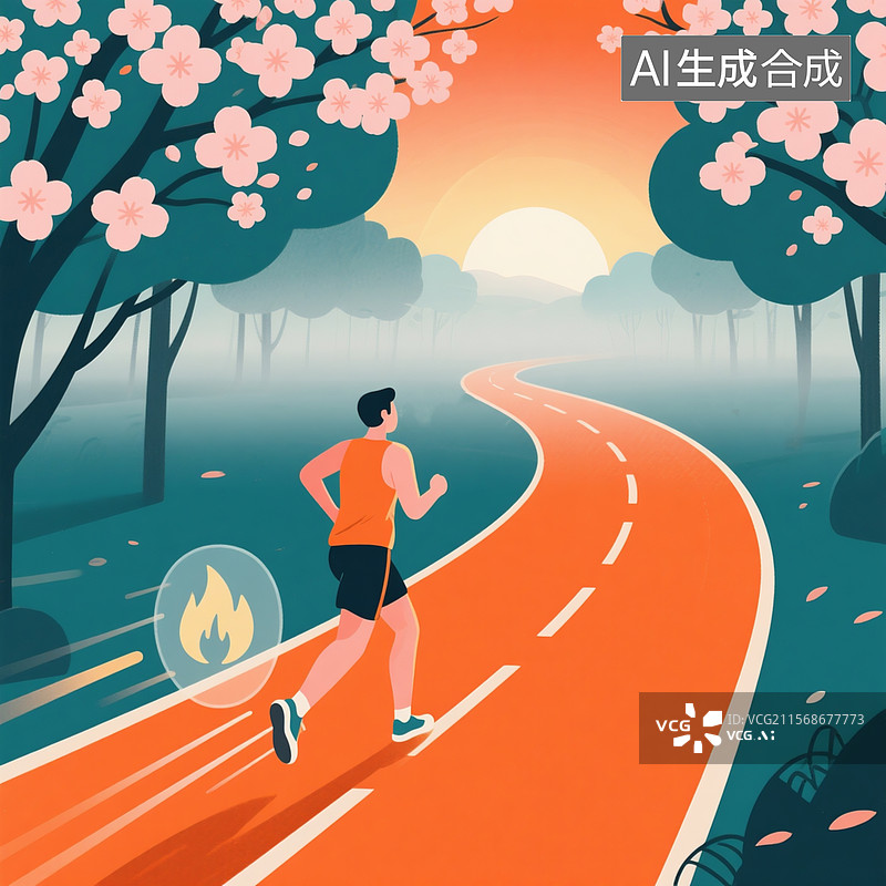 【AI数字艺术】扁平插画风格晨跑场景，橘色跑道蜿蜒穿过樱花树林，跑者动态姿势图片素材
