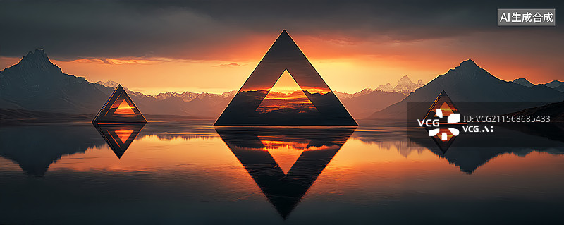 【AI数字艺术】高山河流上的三角形建筑场景图片素材
