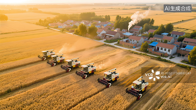 【AI数字艺术】河南平原金黄麦浪无人机视角 联合收割机阵列远处炊烟村落图片素材