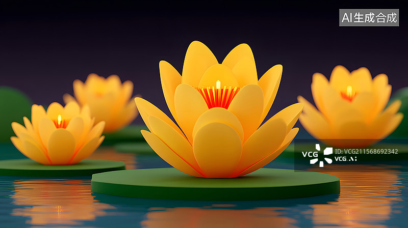 【AI数字艺术】中元节放河灯许愿祈福插画图片素材