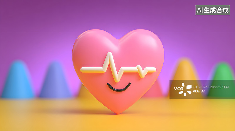 【AI数字艺术】爱心与心跳线的三维渲染图片素材