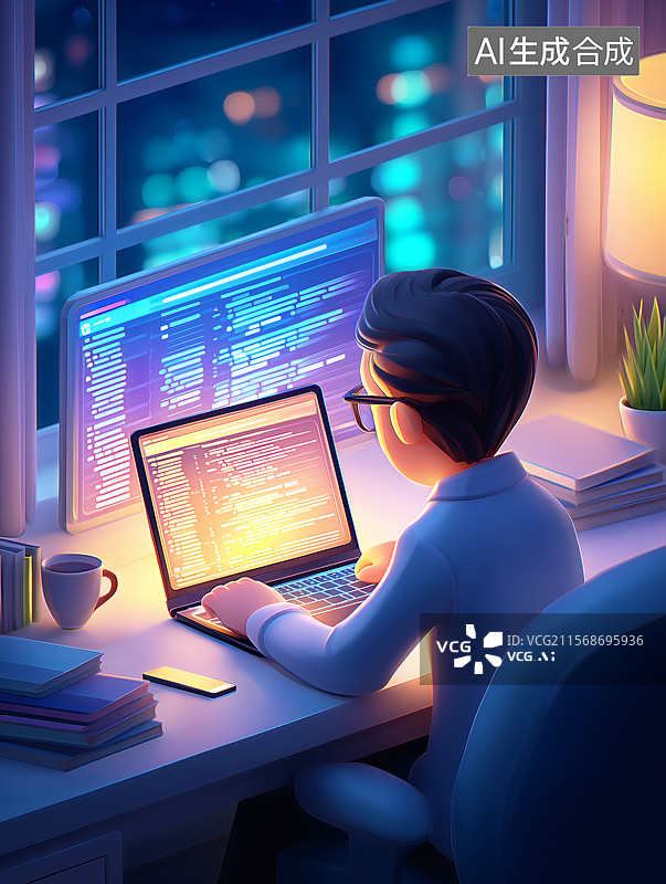 【AI数字艺术】深夜一个程序员在工作写代码图片素材