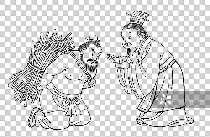 历史典故负荆请罪，古代廉颇背着荆条跪下向蔺相如请罪线稿线条插画图片素材