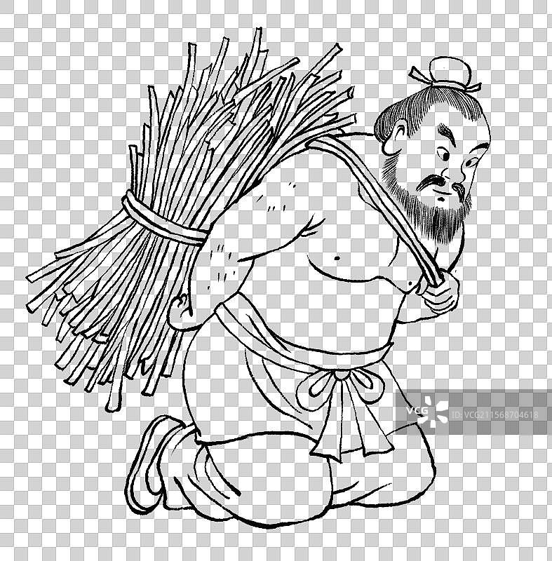 历史典故负荆请罪，古代廉颇背着荆条跪下向蔺相如请罪线稿线条插画图片素材