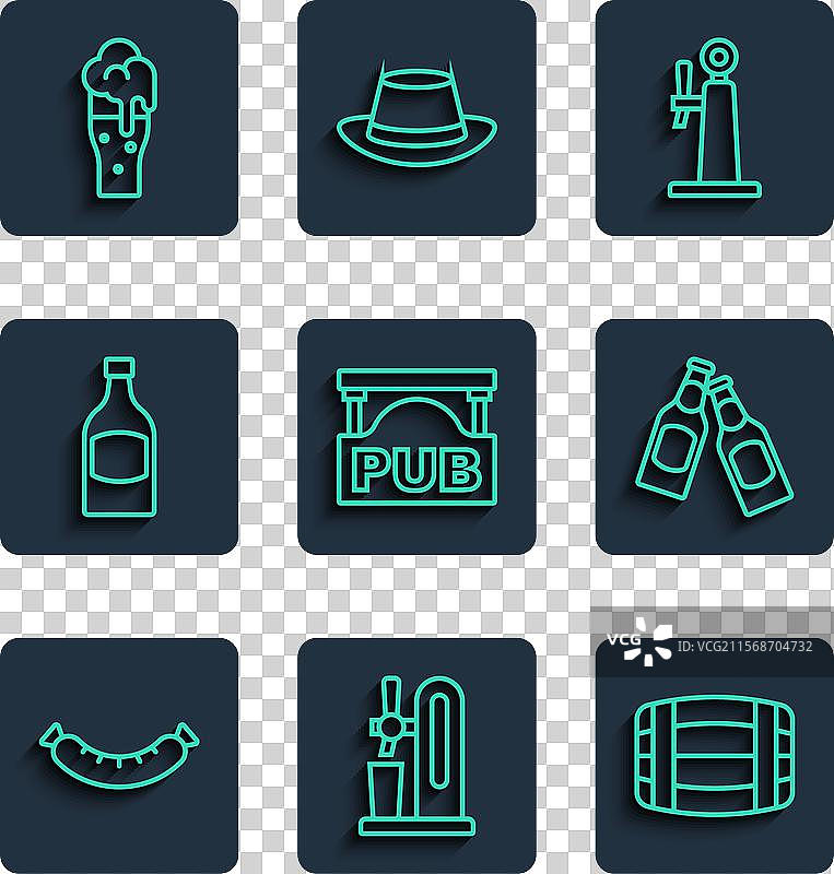 木制酒吧的香肠啤酒龙头和玻璃杯排列整齐图片素材