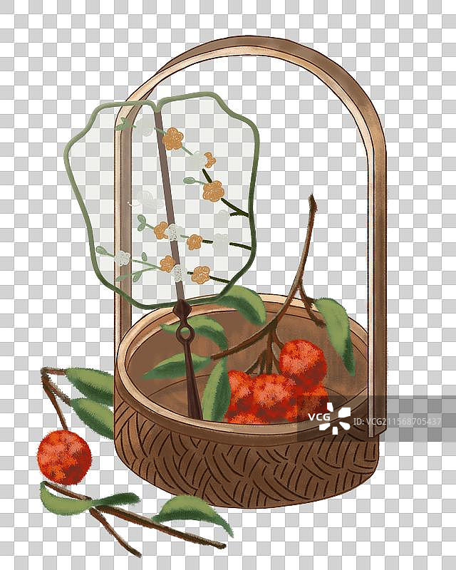 竹篮里的团扇和红毛丹图片素材